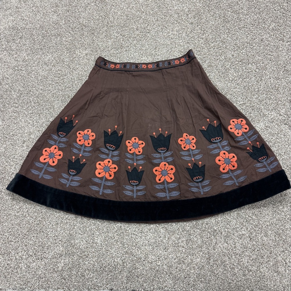 Y2K Lithe Skirt Womens 2 Brown Floral Embroidered A-Line Knee Length Fall Casual